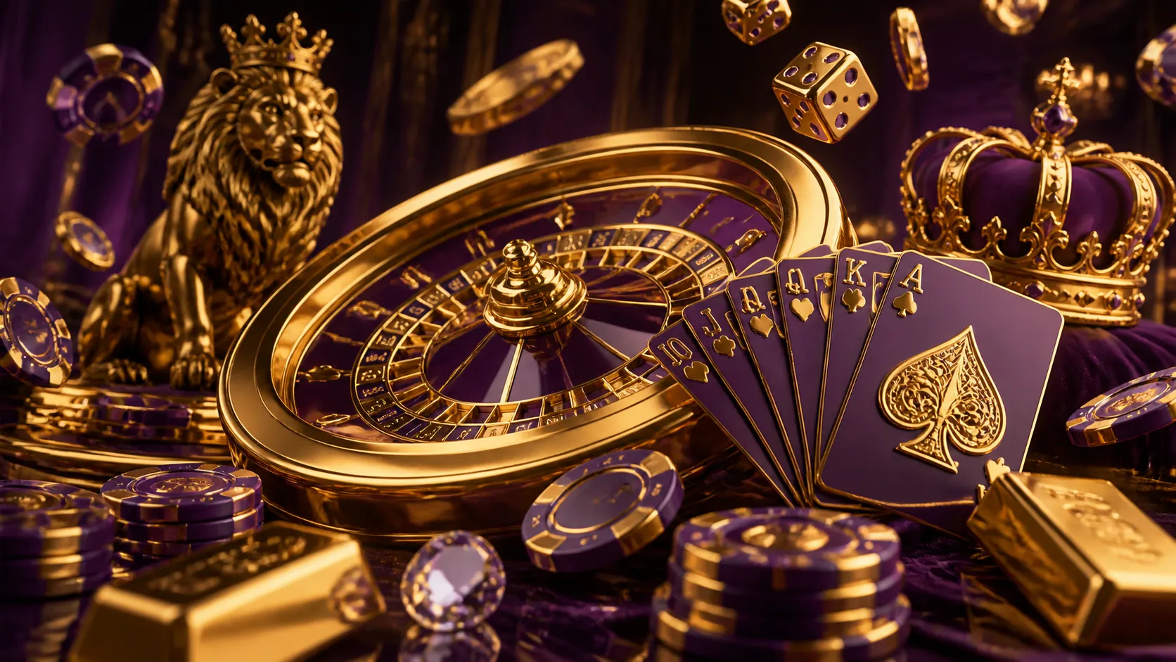 A cyberpunk-inspired casino scene with glowing poker chips and roulette wheel, set against a dark background with vibrant neo